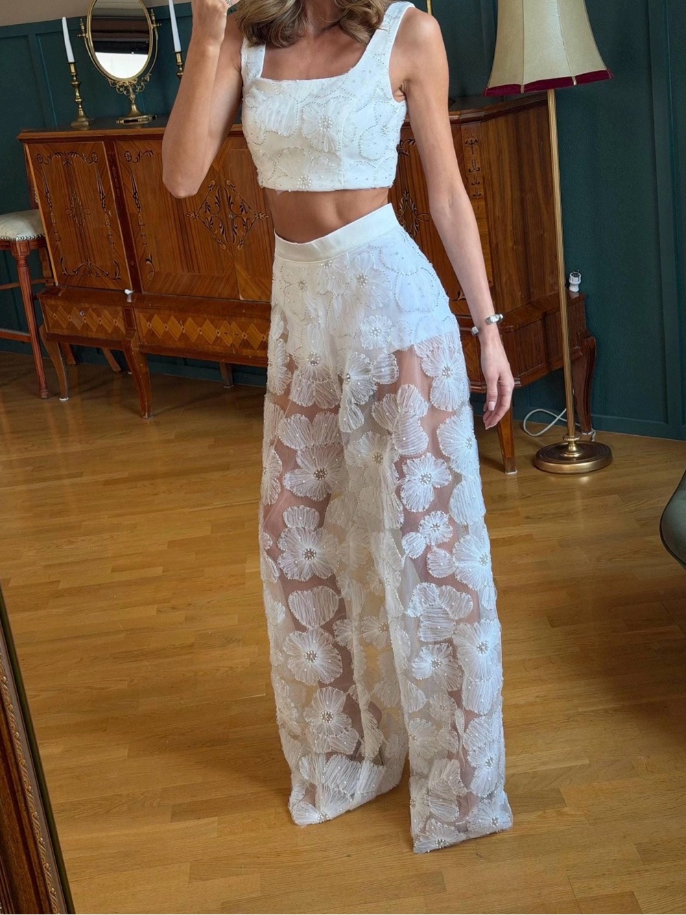 White Floral Appliqué Two-Piece Set